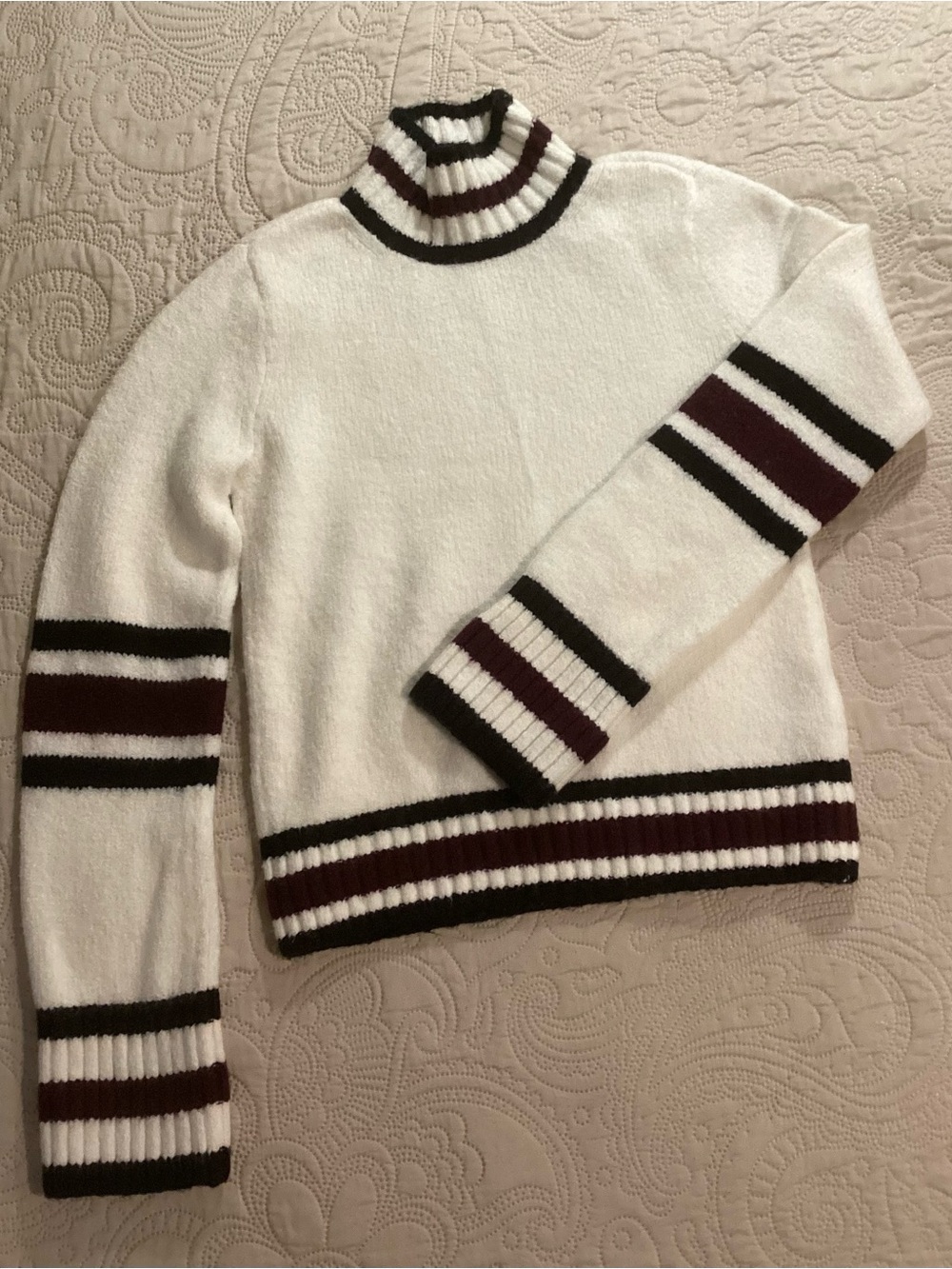 Madewell Women’s White Stripe Turtleneck Sweater with Burgundy & Black Accents
